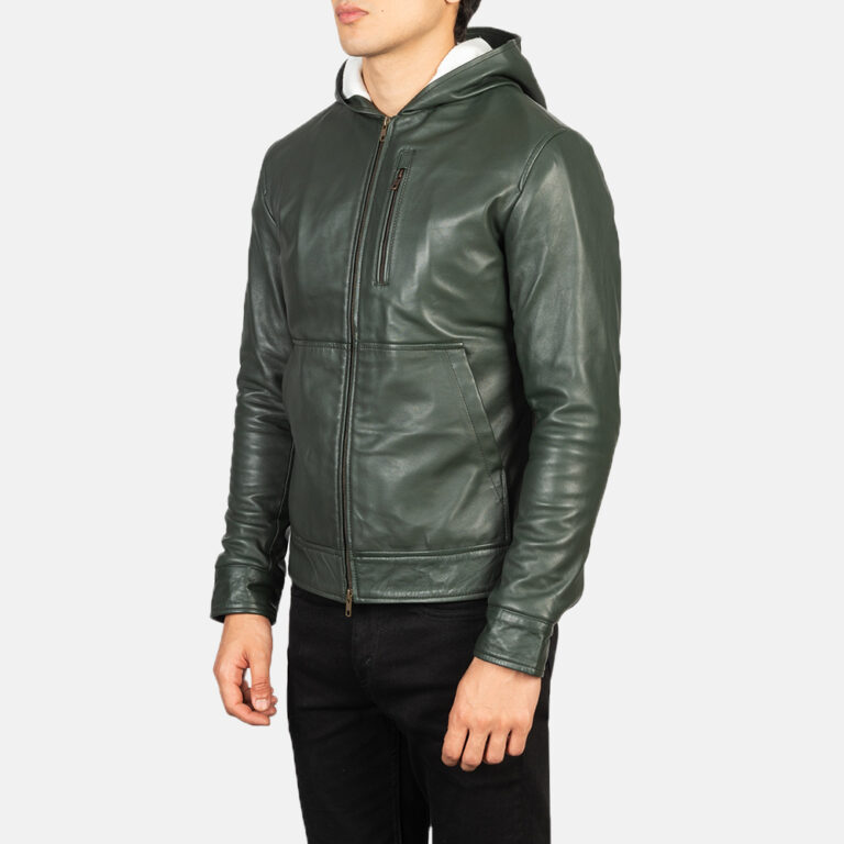 Mens Baston Green Hooded Leather Bomber Jacket Side Pose-3-1634135600352